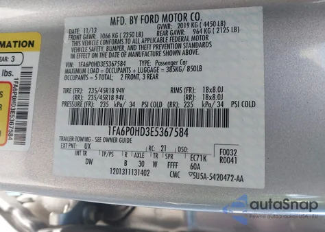 2014 Ford Fusion Se z USA, uszkodzony, nr VIN 1FA6P0HD3E5367584